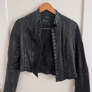 All Saints Black Leather Jacket with Button Detail